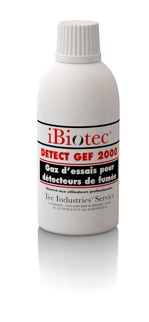 Trial gas for smoke detectors, non-inflammable, guaranteed absence of fluorinated greenhouse gas, response time 3-4 seconds. Guaranteed absence of HFC. Spray smoke. Trial gas (detector / smoke detector). Trial gas for smoke detectors. Aerosol test smoke detector. IBiotec DETECT GEF 2000. Technical aerosols. Maintenance aerosols. Aerosol suppliers. Aerosols manufacturers.